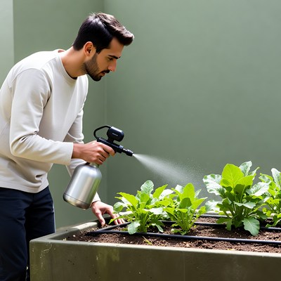 Man spraying plants in garden