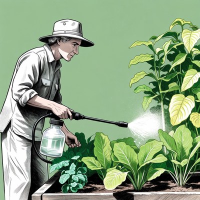 Man spraying plants in garden