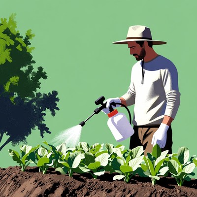 Man spraying plants in garden