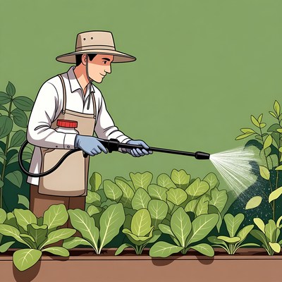 Farmer spraying plants in garden