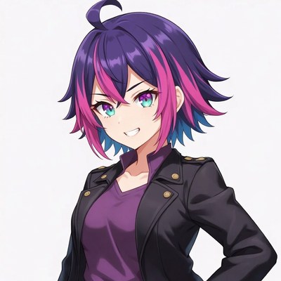 Anime girl with purple hair smiling