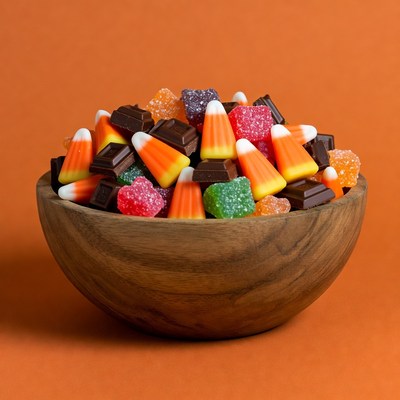 Wooden bowl of Halloween candy