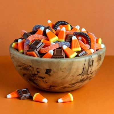 Wooden Bowl of Halloween Candy