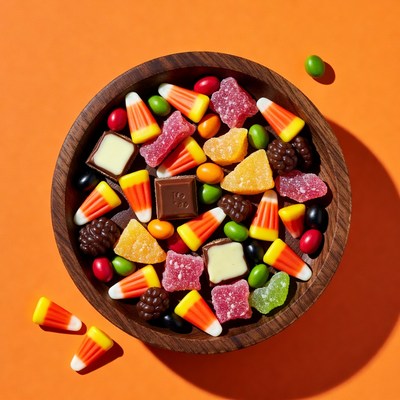 Wooden bowl of assorted Halloween candy