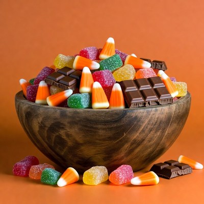 Wooden bowl overflowing with Halloween candy