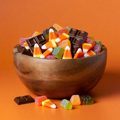Wooden bowl overflowing with Halloween candy
