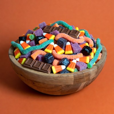 Wooden bowl of Halloween candy