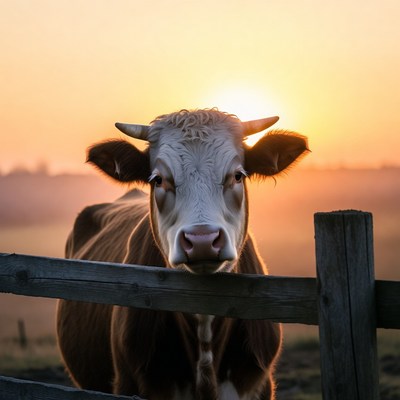 Cow at wooden fence sunset