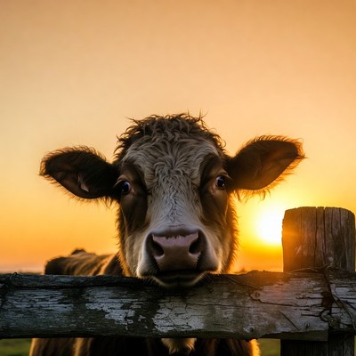 Cow peering over wooden fence at sunset