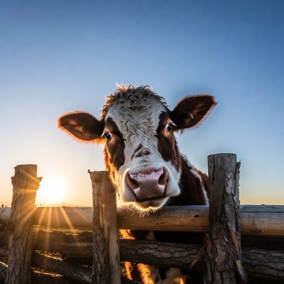 Cow peeking over wooden fence