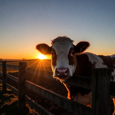 Cow at sunset by wooden fence