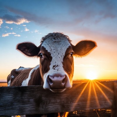 Cow peering over fence at sunset