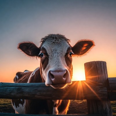 Cow peering over wooden fence at sunset