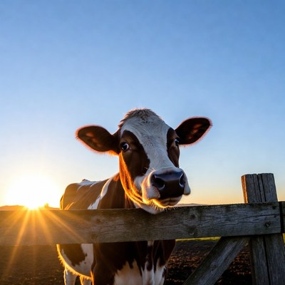 Holstein cow leaning on fence at sunset