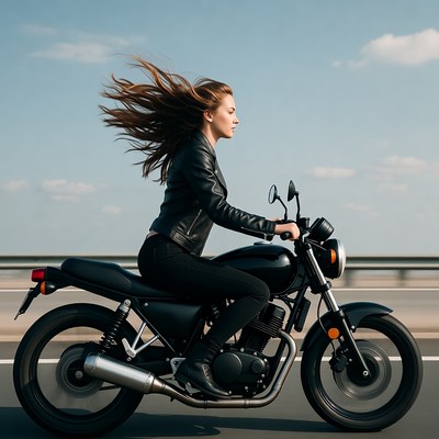 Woman riding black motorcycle