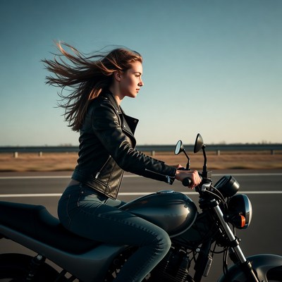Woman riding motorcycle on road