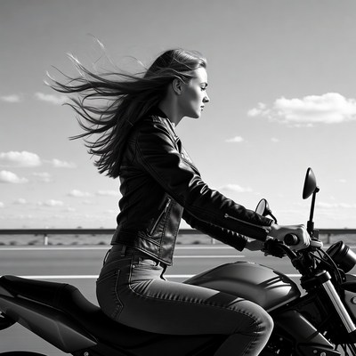 Woman riding motorcycle with flowing hair
