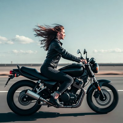 Woman riding black motorcycle