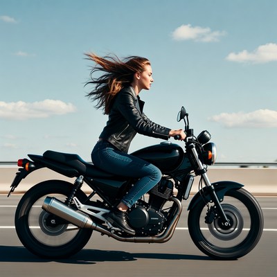 Woman riding black motorcycle