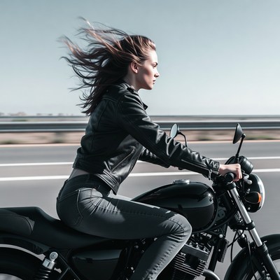 Woman riding motorcycle on highway