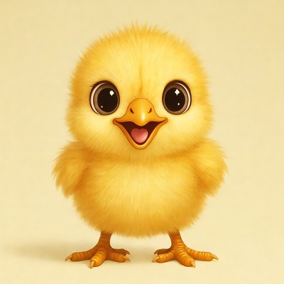 Cute fluffy yellow chick smiling