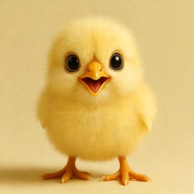 Cute fluffy yellow chick smiling