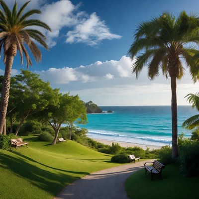 Tropical Beach with Palm Trees and Benches