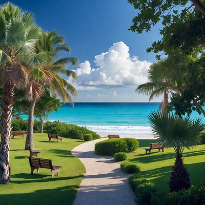 Tropical Beach Park with Palms and Benches