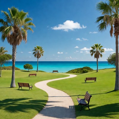 Curving path with benches tropical beach park