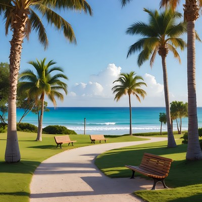 Palm trees lining path to turquoise beach