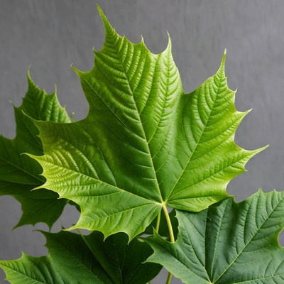 Green maple leaves on gray background