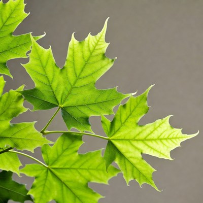 Green maple leaves on gray background