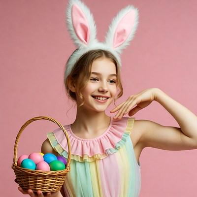 Girl with bunny ears holding Easter basket