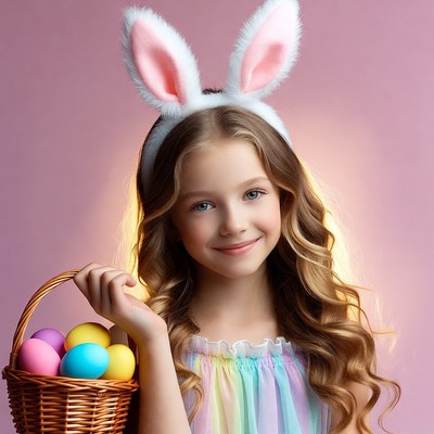Girl holding Easter basket with bunny ears