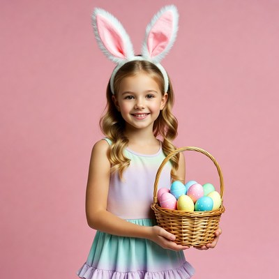 Girl with bunny ears holding Easter eggs