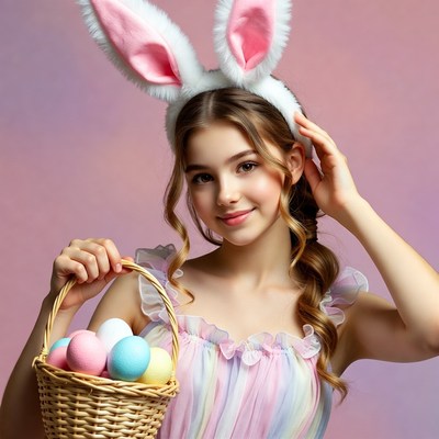 Girl with bunny ears holding Easter eggs
