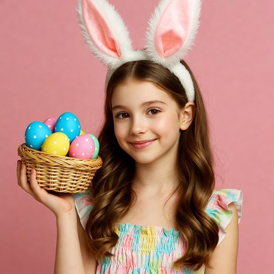 Girl with bunny ears holding Easter basket