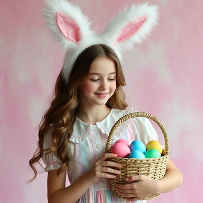 Girl with bunny ears holding Easter basket