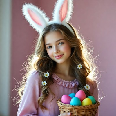 Girl with bunny ears holding Easter eggs