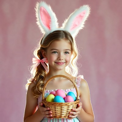 Girl with bunny ears holding Easter basket