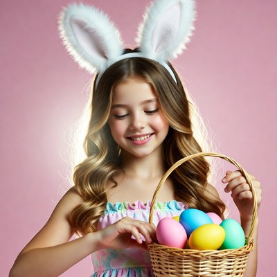 Girl with bunny ears holding Easter basket
