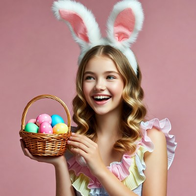 Girl holding Easter basket with bunny ears