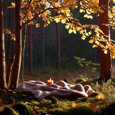 Cozy Blanket with Candle in Autumn Forest