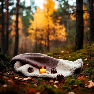 Cozy blanket with candle and pinecones in autumn forest