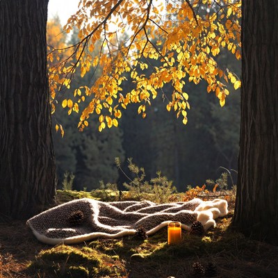 Cozy blanket with candle under autumn trees