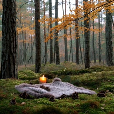 Cozy blanket with candle in autumn forest