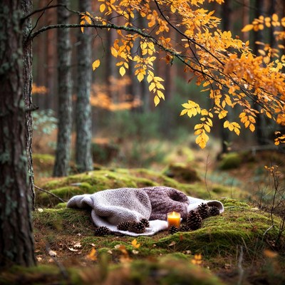 Cozy blanket with candle and pinecones in autumn forest