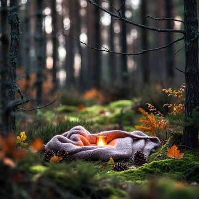 Candle in blanket on forest moss