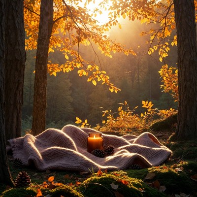 Cozy blanket with candle in autumn forest