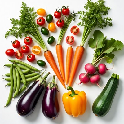 Fresh vegetables arranged on white background